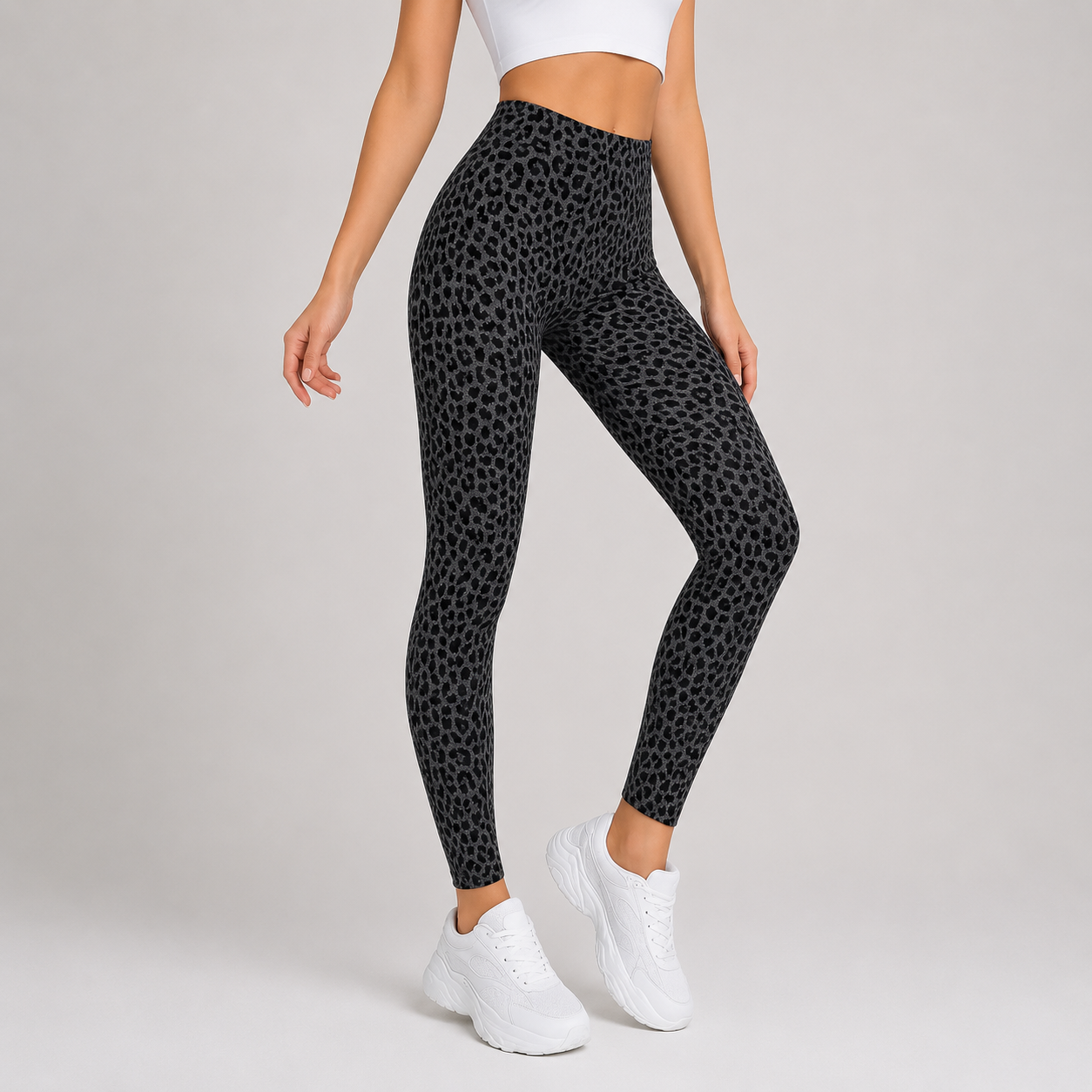 Women's grey leopard print leggings – stretchy full-length jeggings for casual everyday wear.