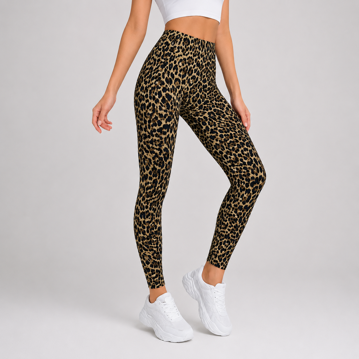 Women's full-length leopard print leggings with elastic waistband – soft stretch casual wear.