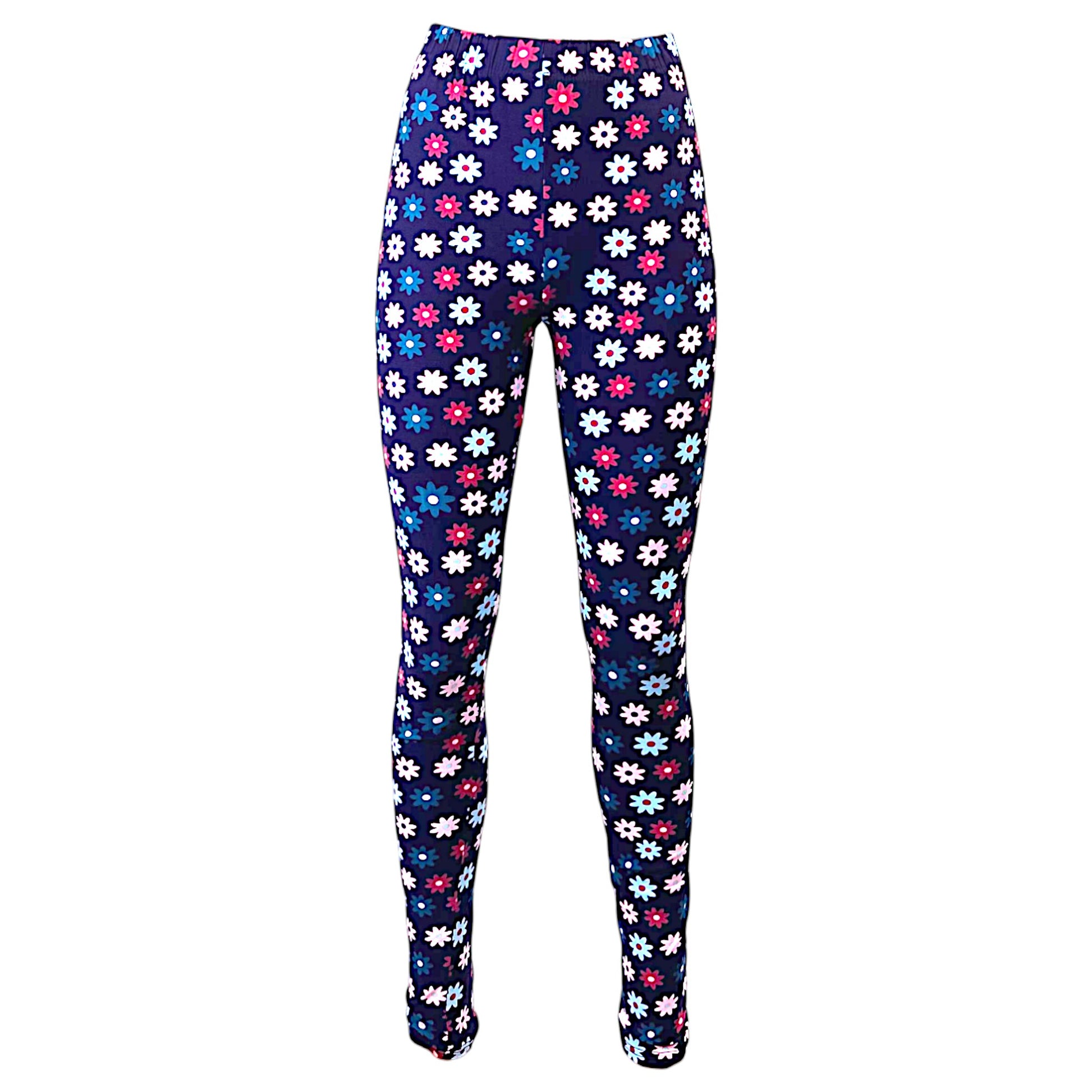 Women's purple floral print leggings with pink, white, and blue daisy pattern.
