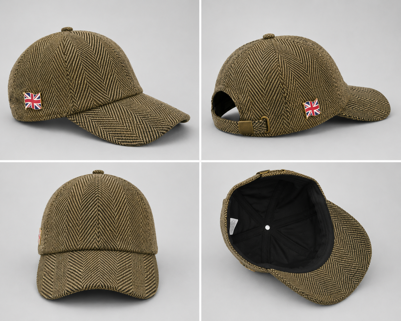 Premium tweed baseball cap featuring a classic herringbone design, adjustable fit, and timeless British country style. Perfect for everyday wear and outdoor occasions.