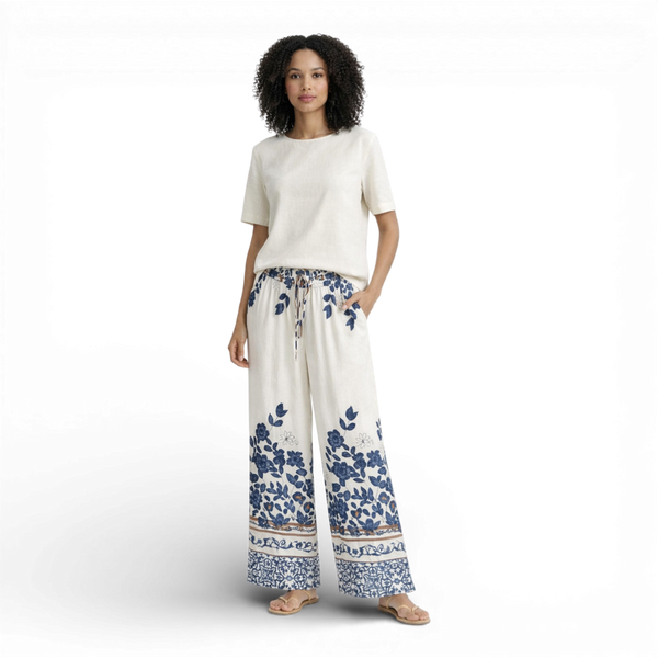 Ladies Floral Print Wide Leg Linen Trousers