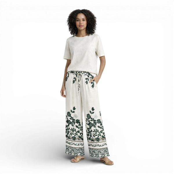 Ladies Floral Print Wide Leg Linen Trousers