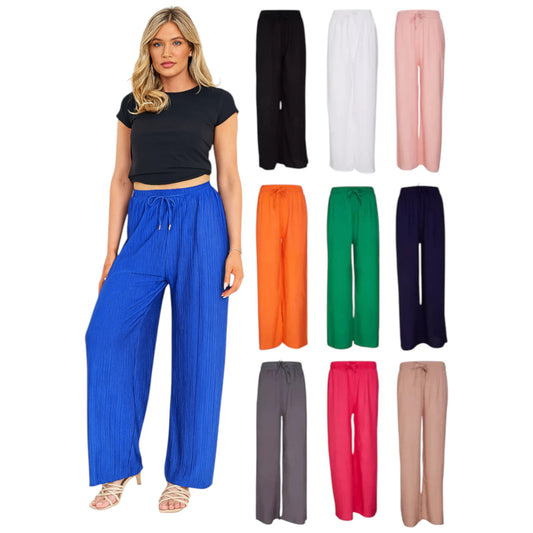 Ladies navy, black, green, white, pink orange and blue palazzo harem trousers with elastic waistband and drawstring – lightweight wide leg summer pants