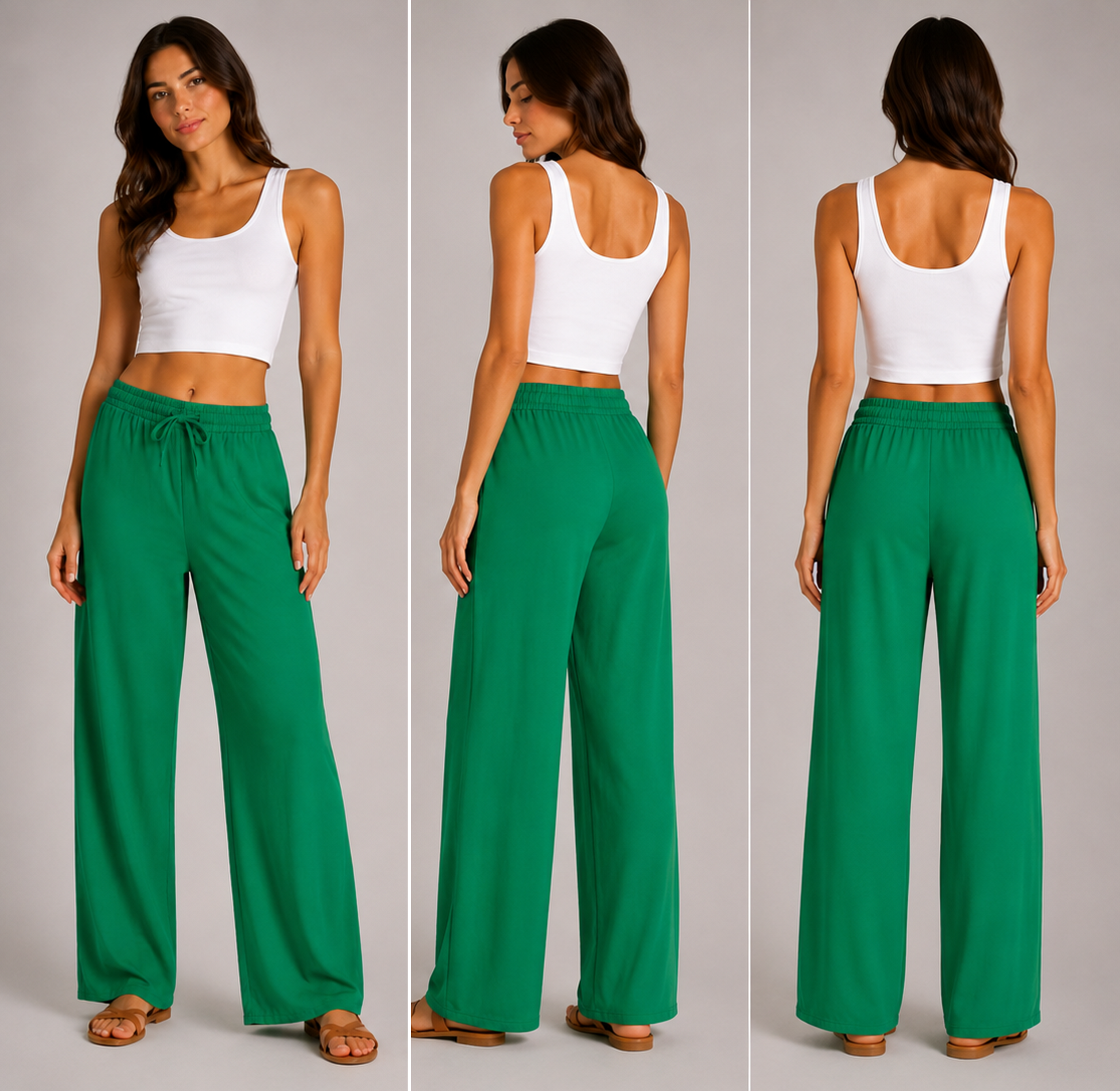 Ladies apple green palazzo harem trousers with elastic waistband and drawstring – lightweight wide leg summer pants