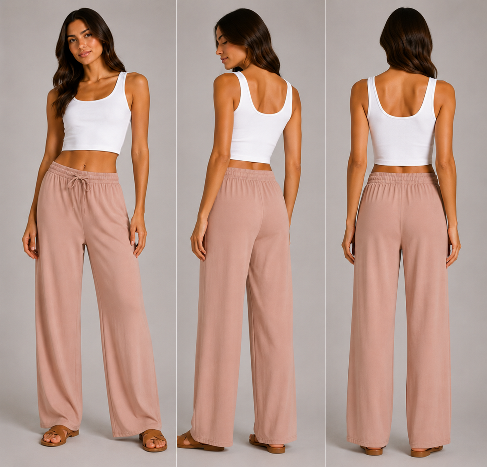 Ladies beige palazzo harem trousers with elastic waistband and drawstring – lightweight wide leg summer pants
