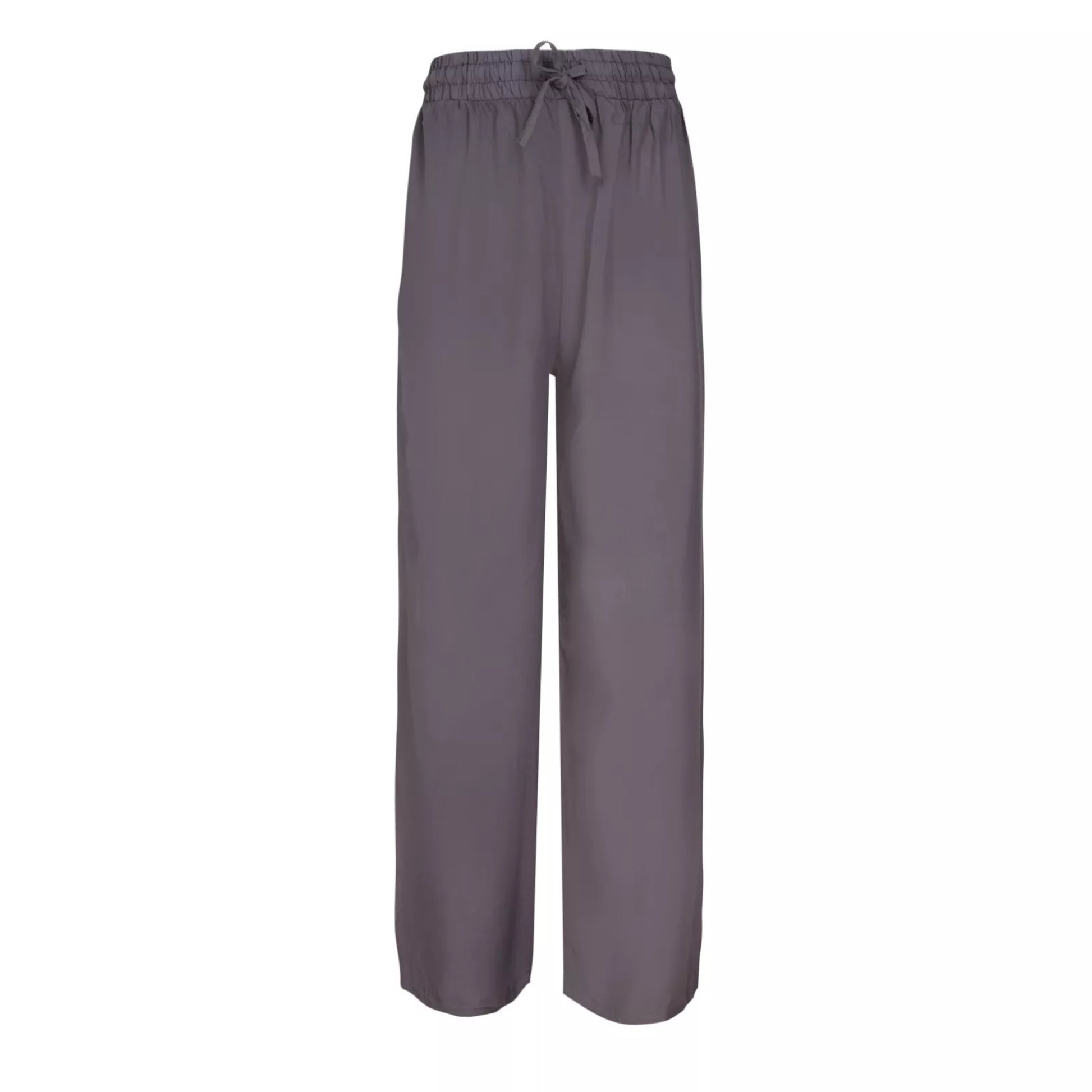 Ladies charcoal grey palazzo harem trousers with elastic waistband and drawstring – lightweight wide leg summer pants