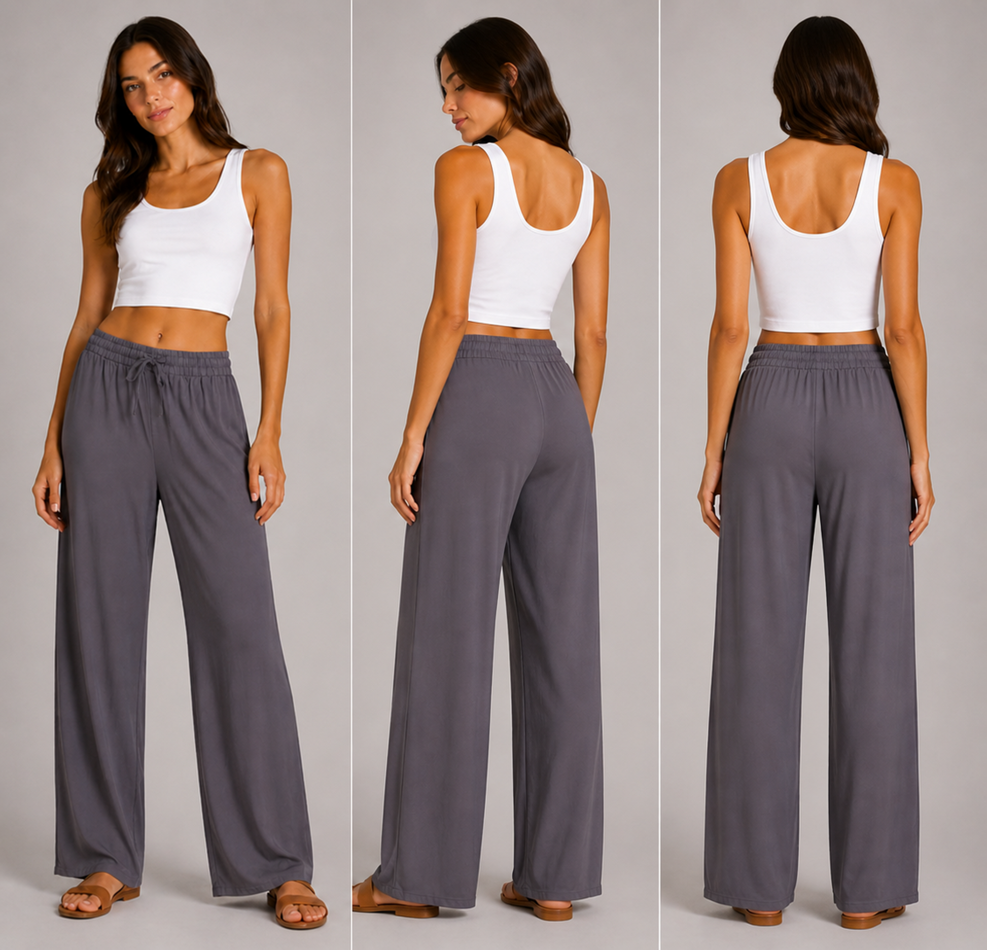 Ladies charcoal grey palazzo harem trousers with elastic waistband and drawstring – lightweight wide leg summer pants