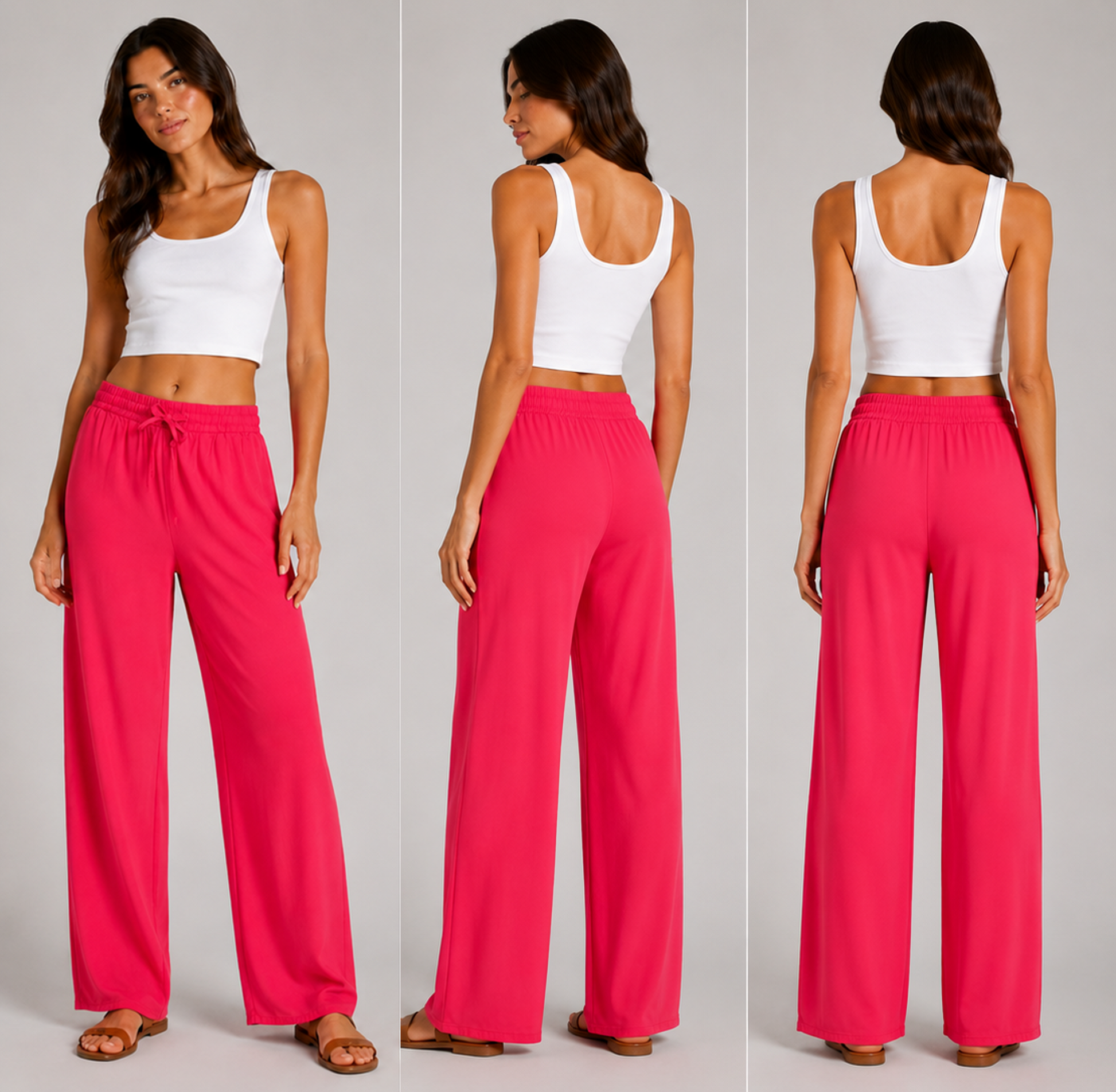 Ladies hot pink palazzo harem trousers with elastic waistband and drawstring – lightweight wide leg summer pants