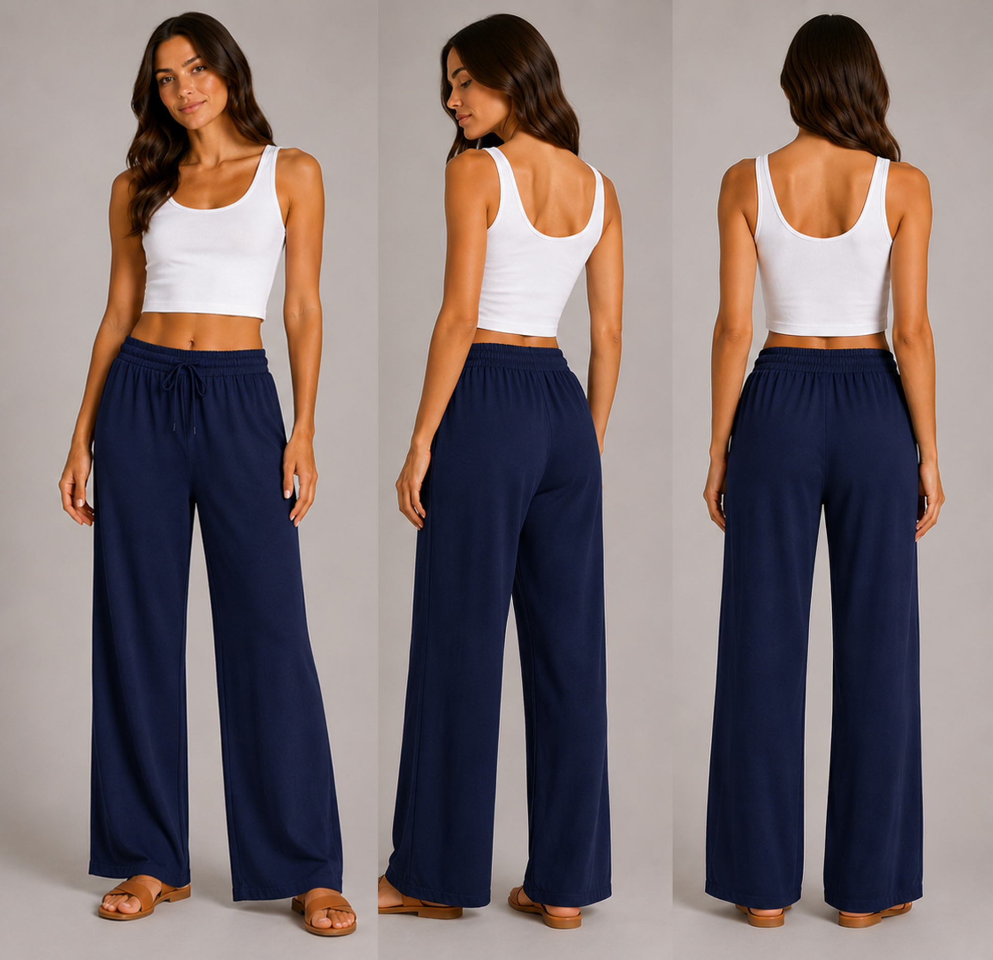Ladies navy palazzo harem trousers with elastic waistband and drawstring – lightweight wide leg summer pants