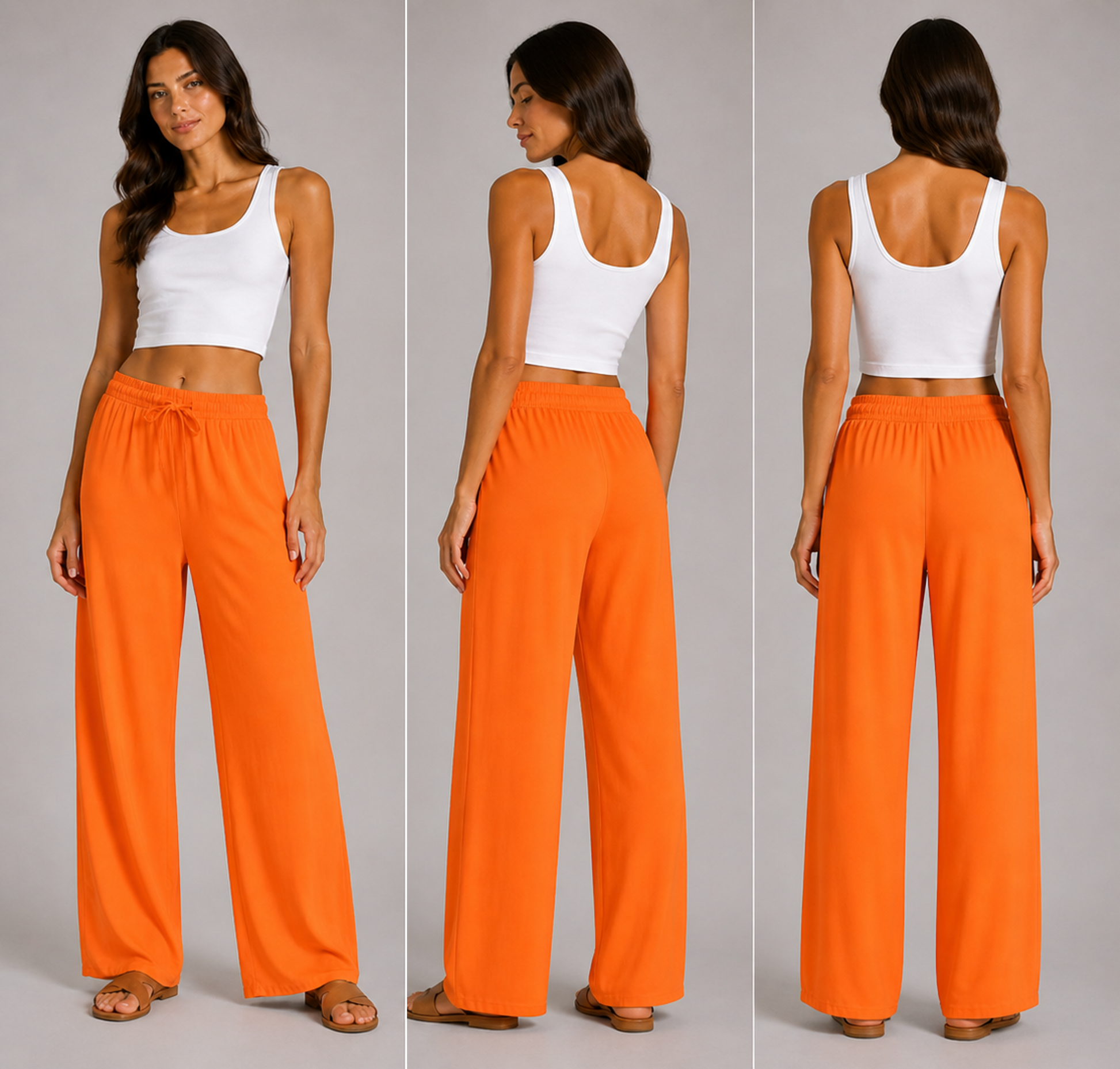 Ladies orange palazzo harem trousers with elastic waistband and drawstring – lightweight wide leg summer pants