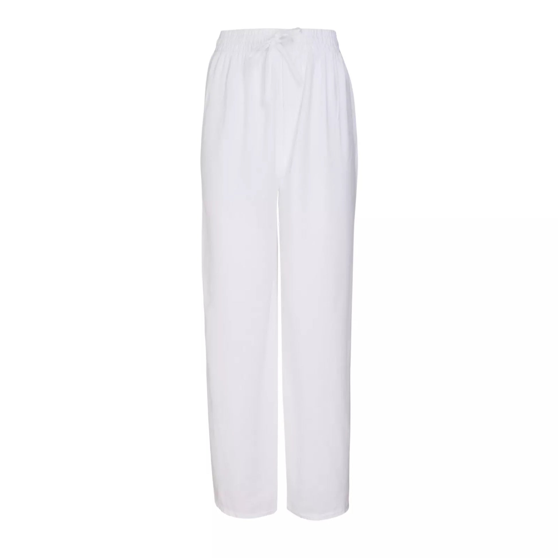 Ladies white palazzo harem trousers with elastic waistband and drawstring – lightweight wide leg summer pants