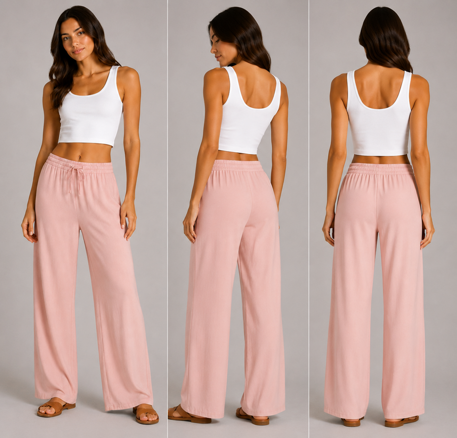 Ladies dusky pink palazzo harem trousers with elastic waistband and drawstring – lightweight wide leg summer pants