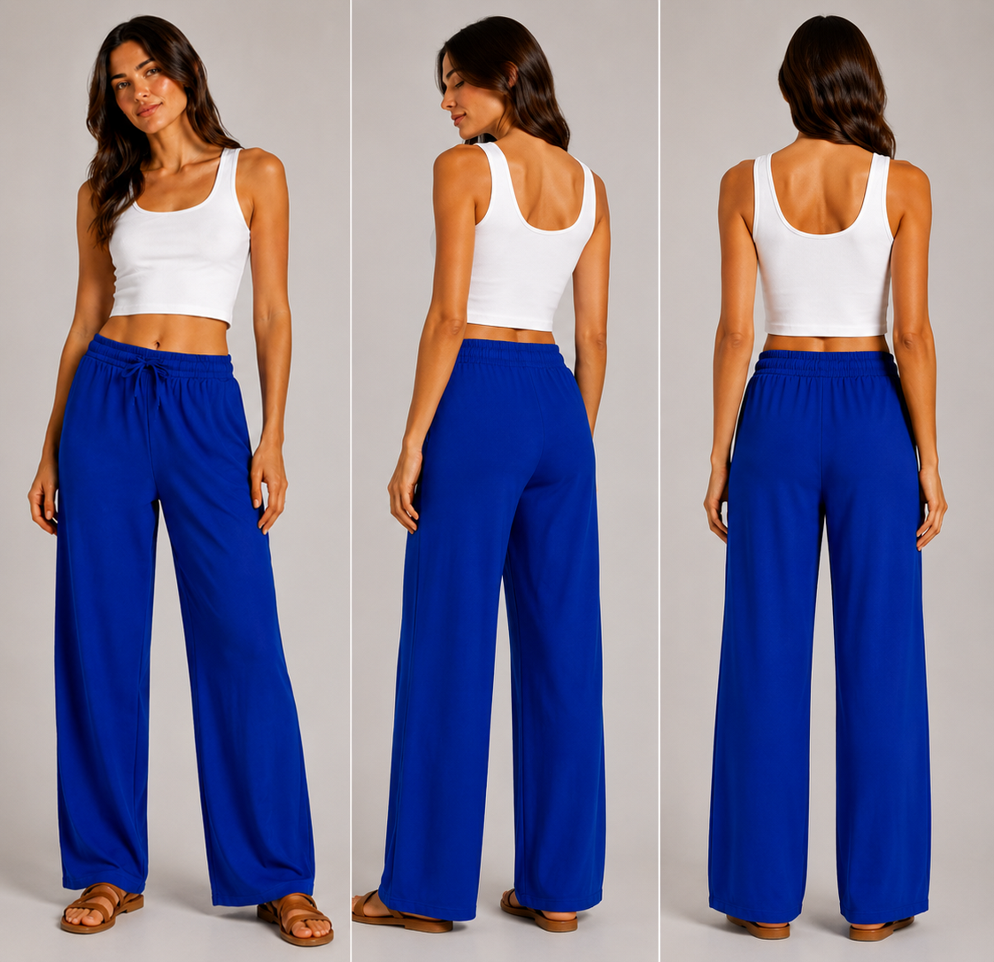 Ladies royal blue palazzo harem trousers with elastic waistband and drawstring – lightweight wide leg summer pants