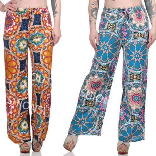 Ladies loose fit palazzo trousers wide leg boho style pants with multicolour floral mandala print high waist drawstring summer fashion