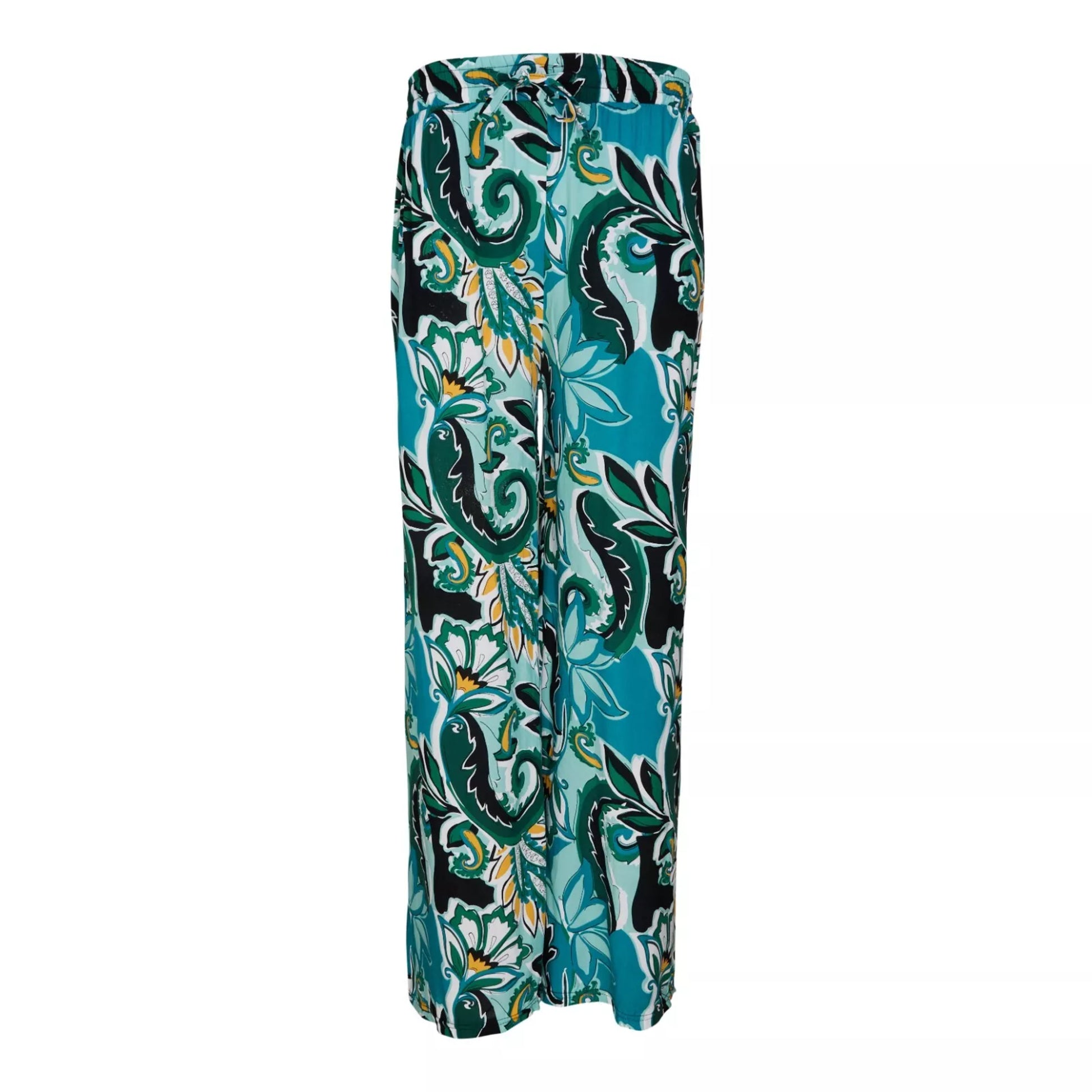 Ladies' green and blue paisley print palazzo trousers – lightweight wide leg summer pants with elasticated 