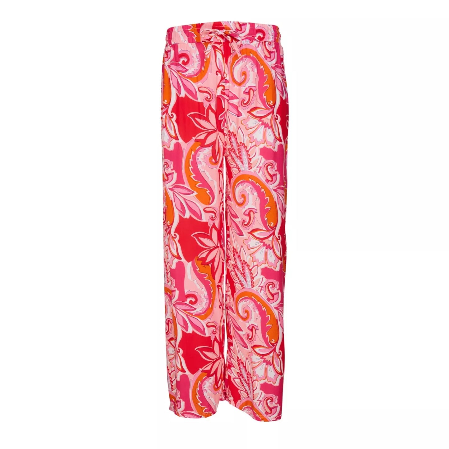 Ladies' multi pink paisley print palazzo trousers – lightweight wide leg summer pants with elasticated 
