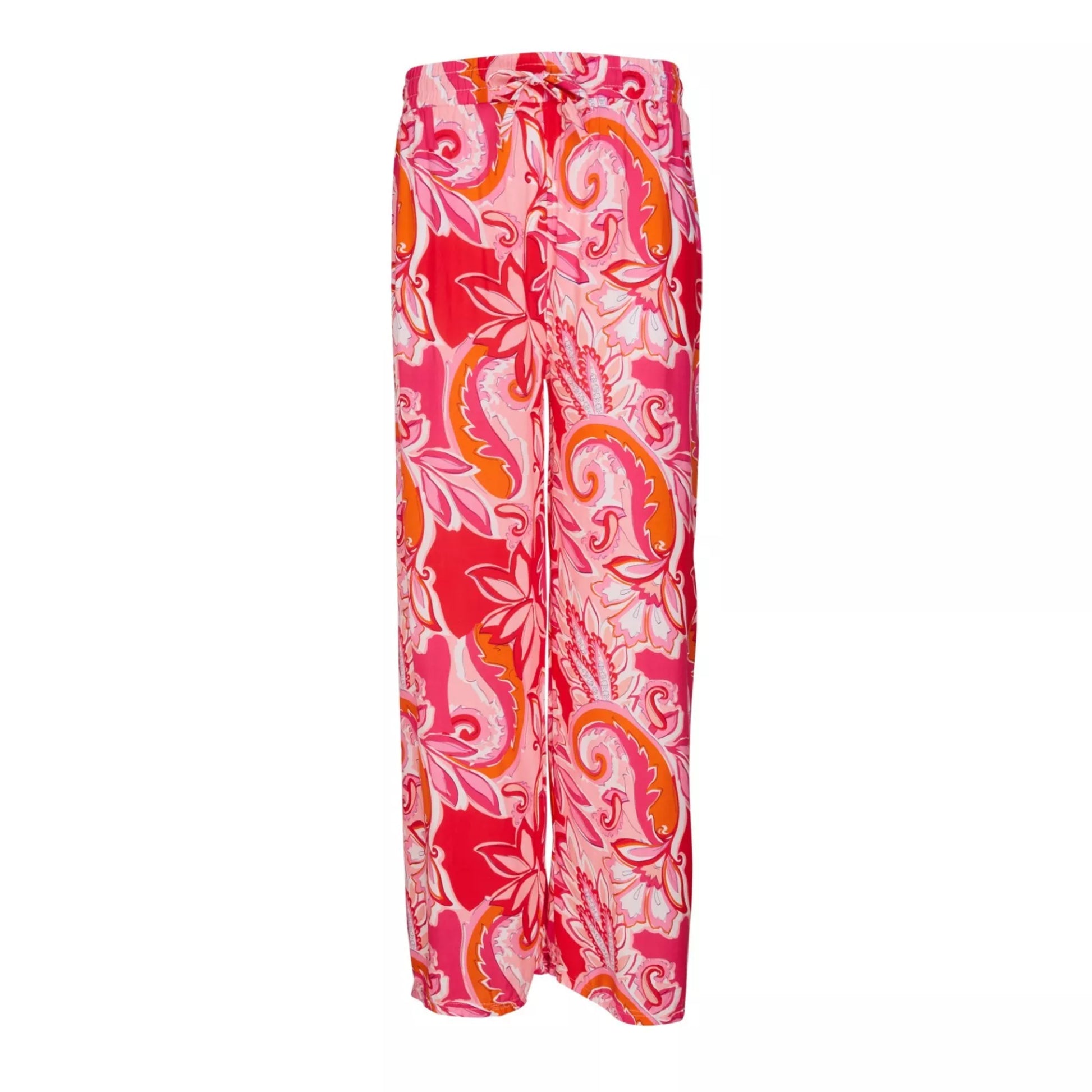 Ladies' multi pink paisley print palazzo trousers – lightweight wide leg summer pants with elasticated 