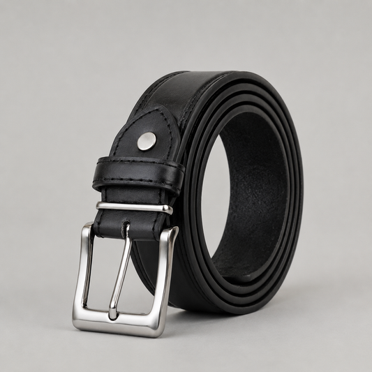 Men's high quality genuine black leather belt 1.25 inch width with silver buckle
