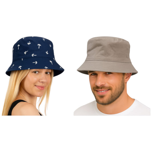 Reversible bucket hat with palm tree print and solid grey sides, unisex versitile summer sun hat