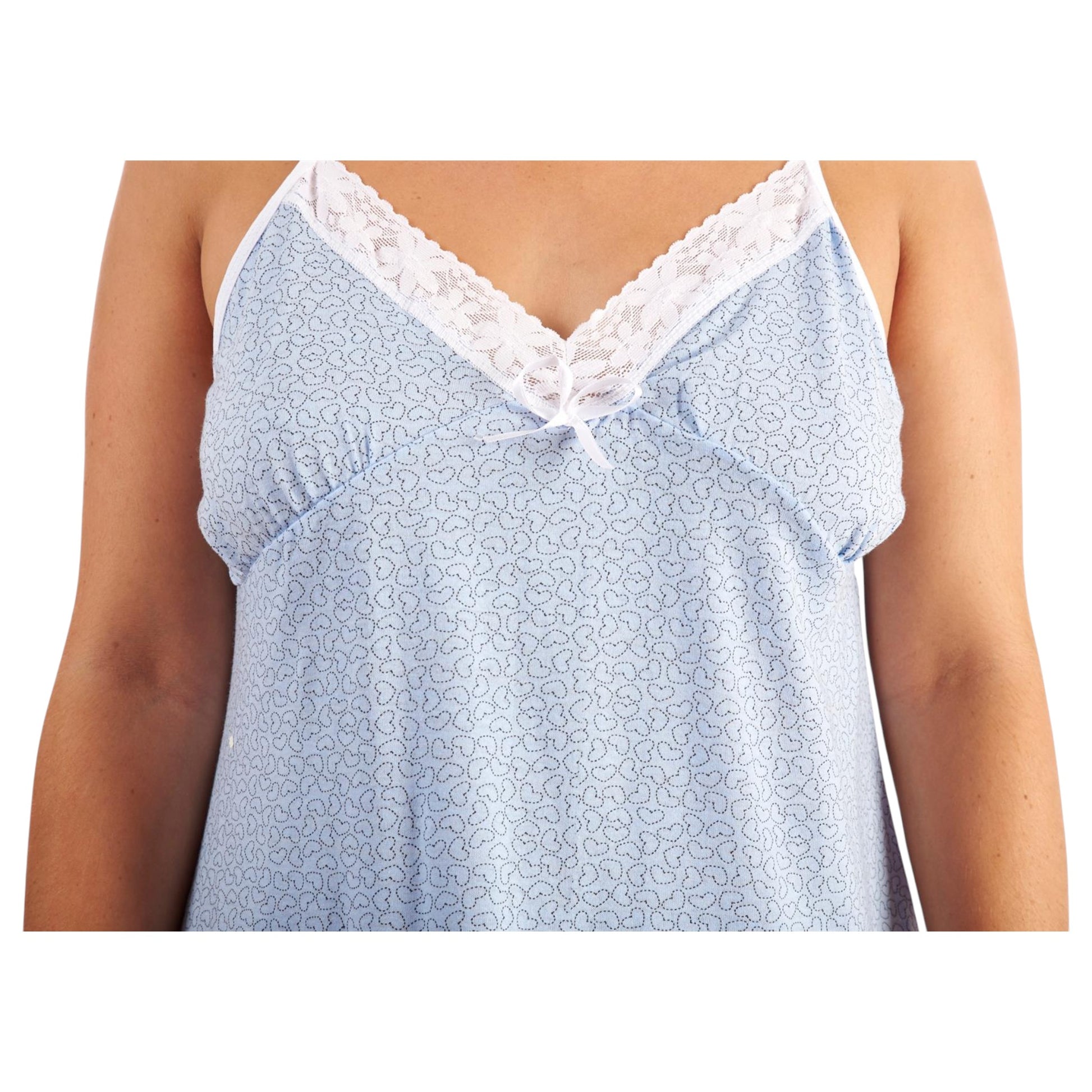 Ladies chemise style nightdress with heart pattern, blue sleeveless nightie with white lace trim and bow for women