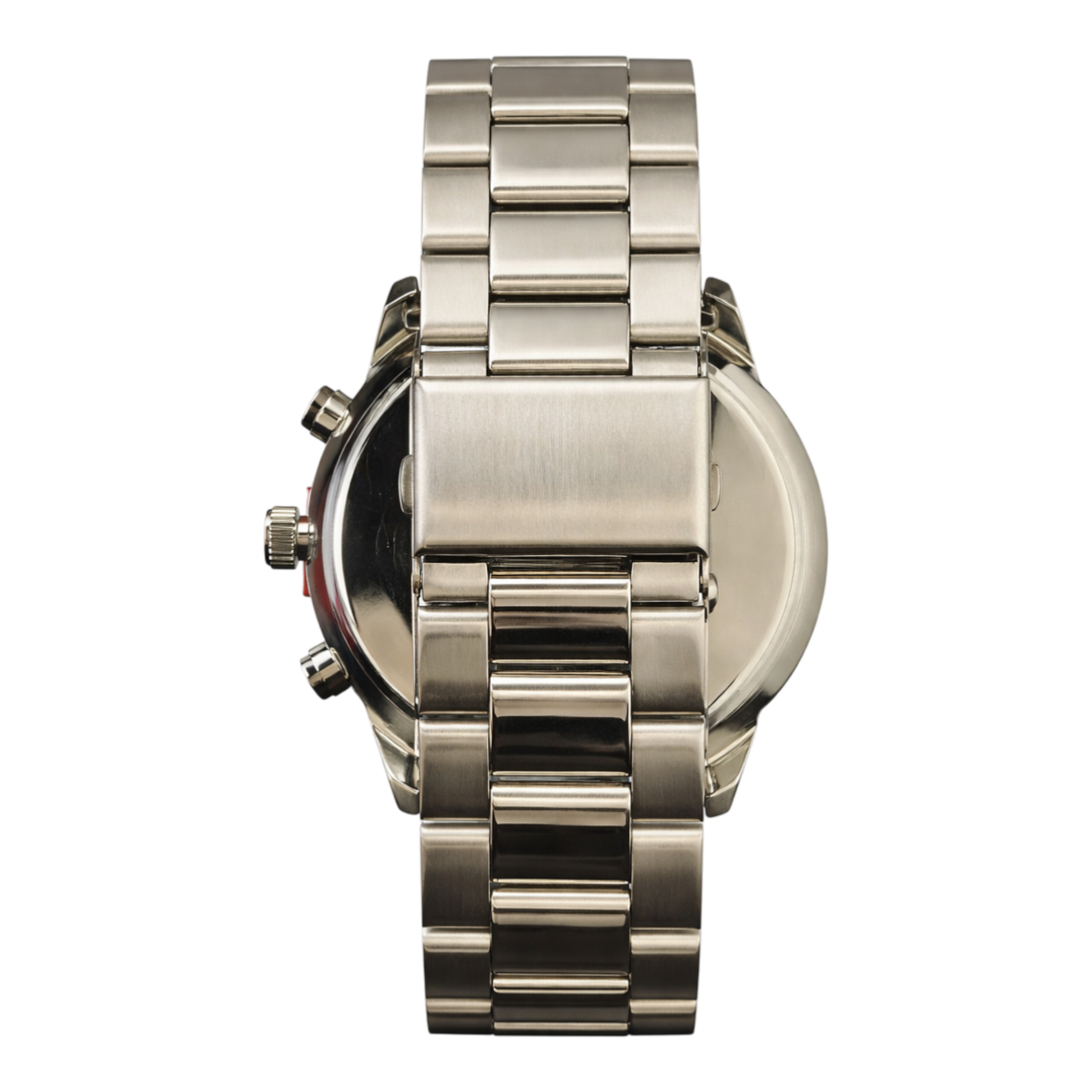 Bellfield men’s stainless steel chronograph watch with black dial, red accents, and metal bracelet