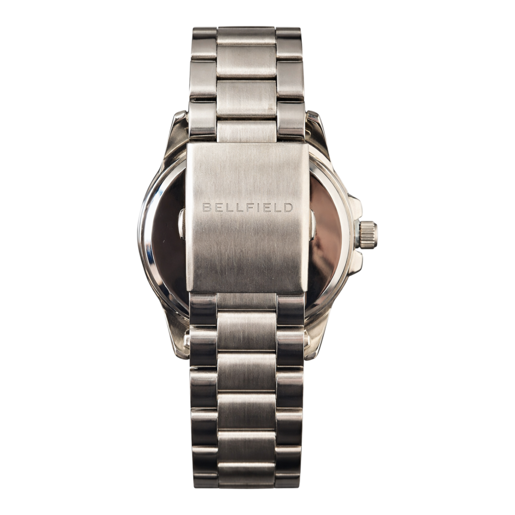 Bellfield men’s stainless steel watch with black dial, date window, and silver bracelet