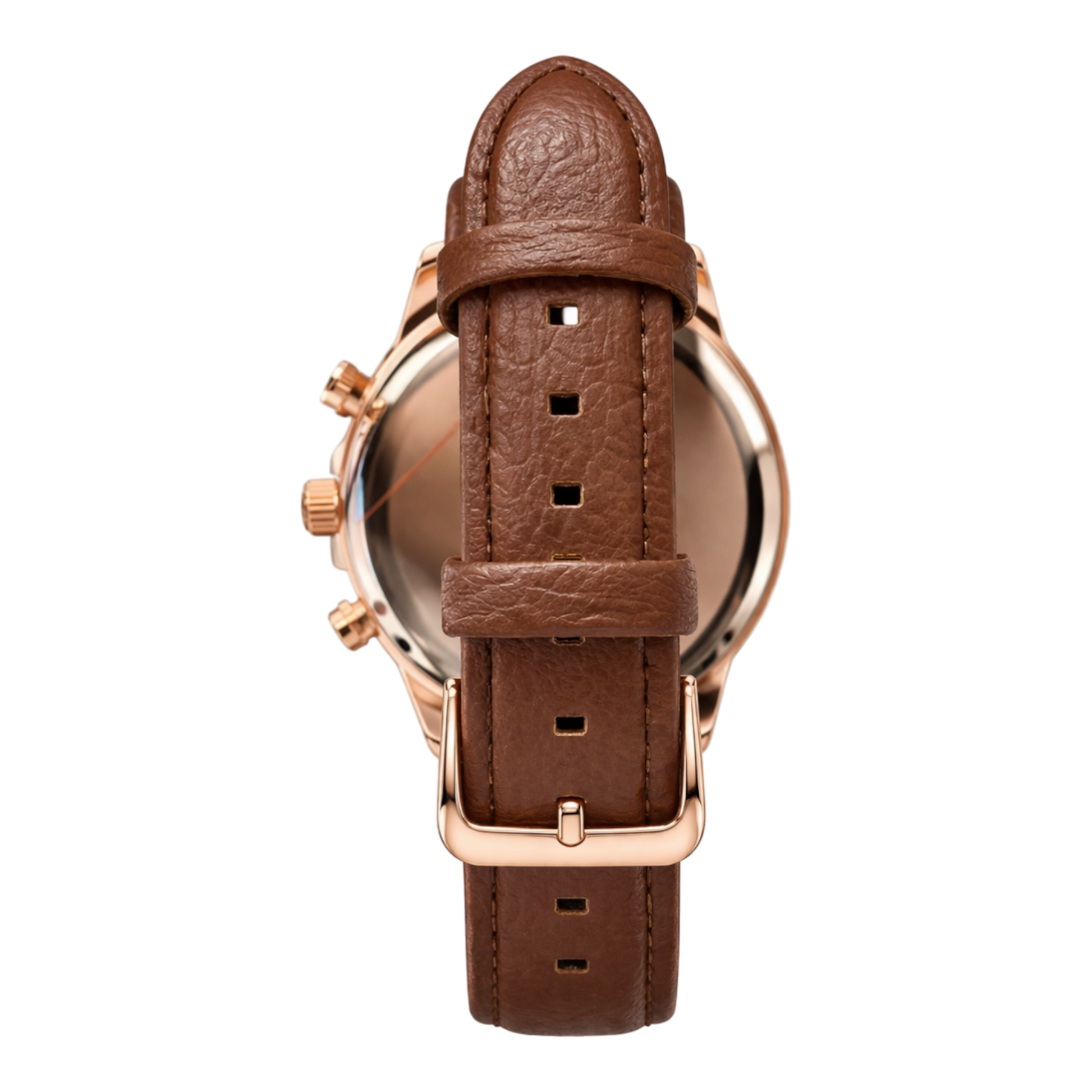 Bellfield green chronograph watch with rose gold case and brown leather LOOK strap