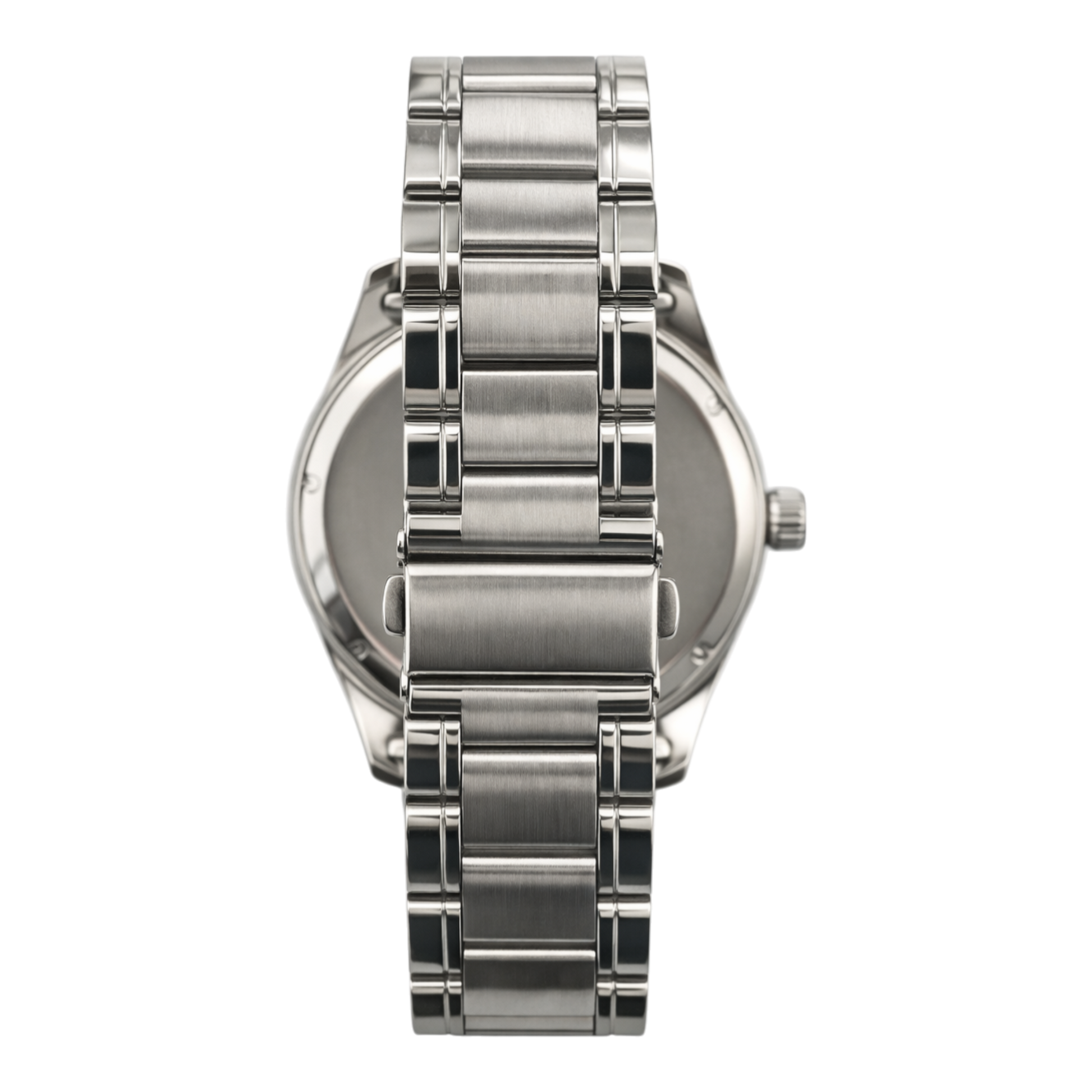 Close-up of a Bellfield wristwatch with a silver textured dial, minimalist markers, and a stainless steel bracelet