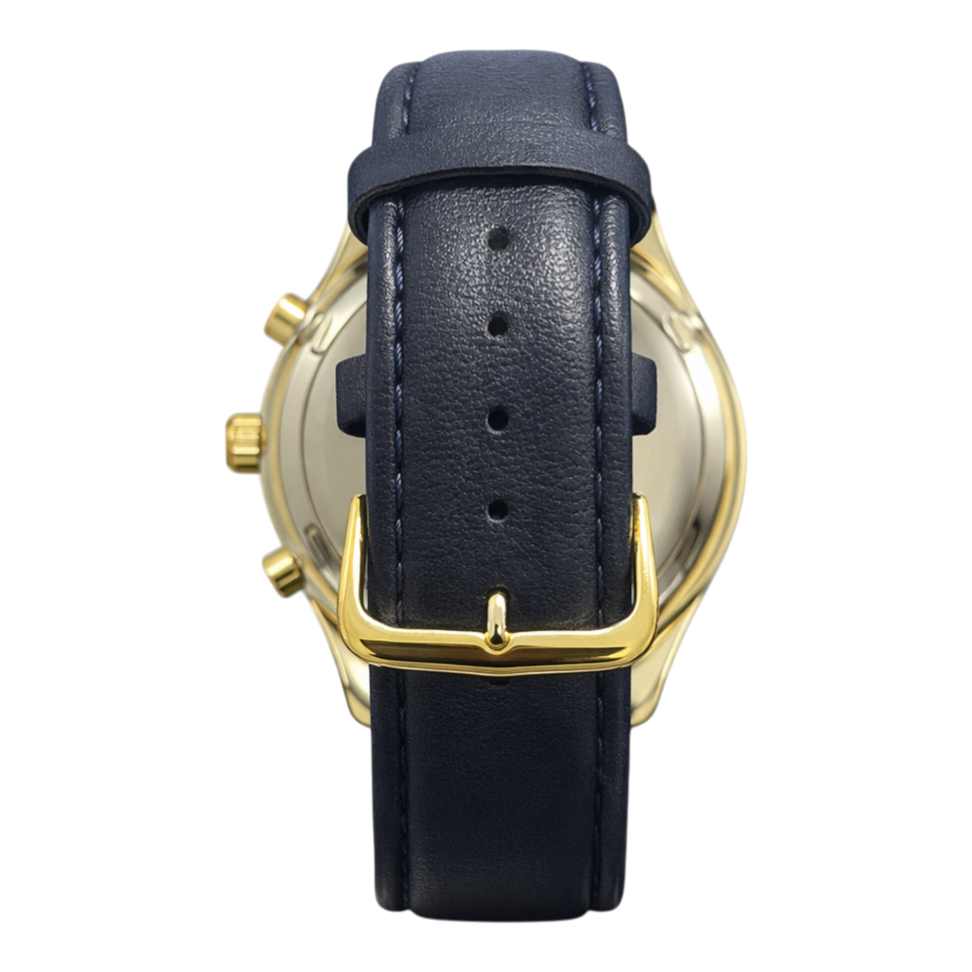 Brave Soul gold chronograph watch with navy dial and navy leather look strap