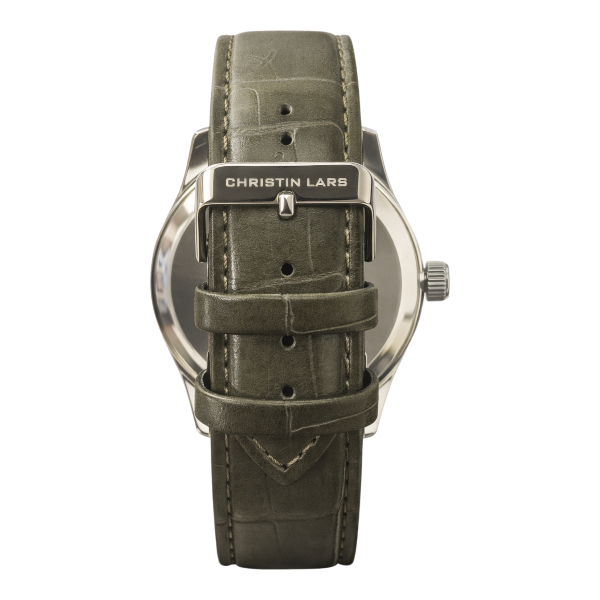 Christin Lars charcoal watch with khaki leather look strap and silver case