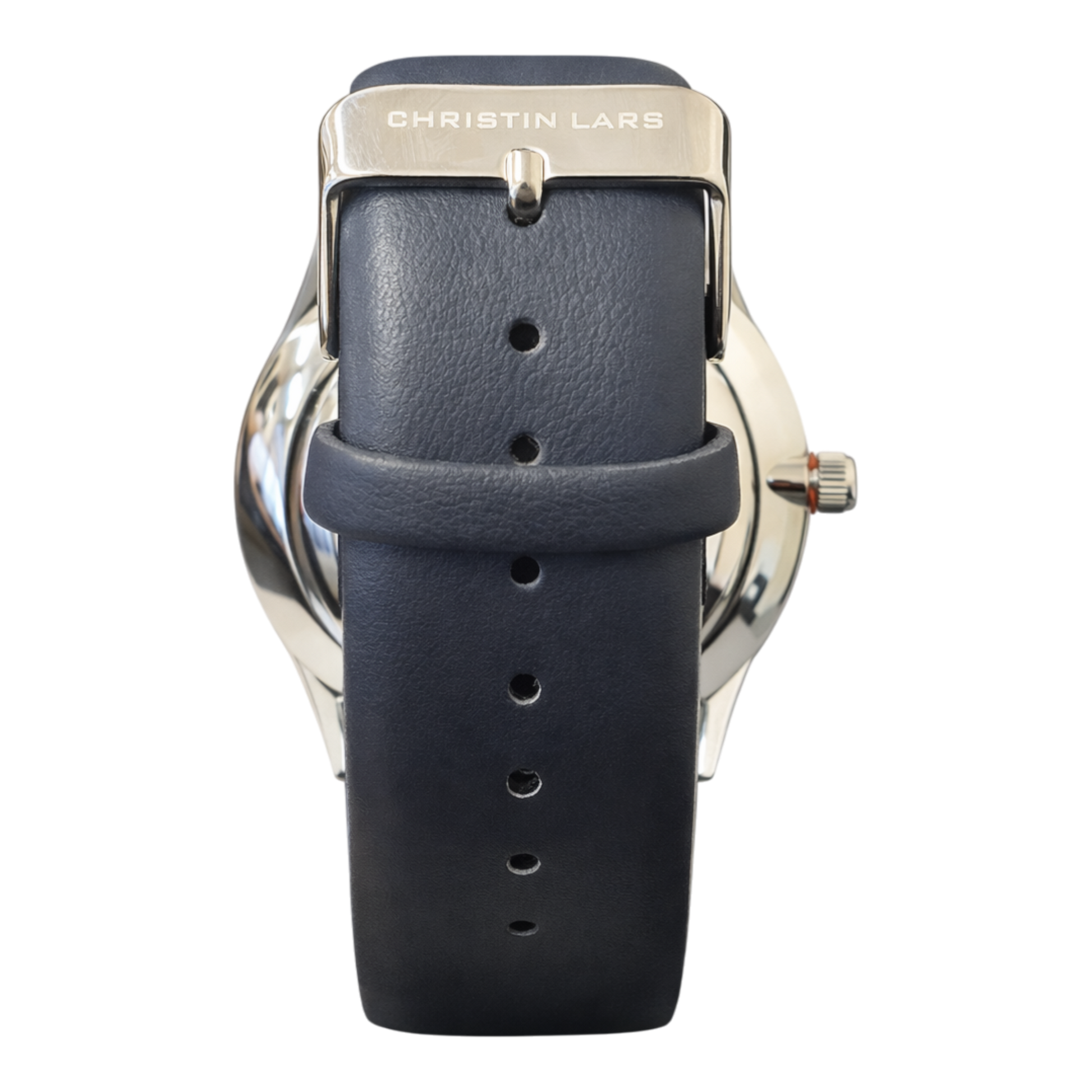 Christin Lars black minimalist watch with orange markers and black leather look strap