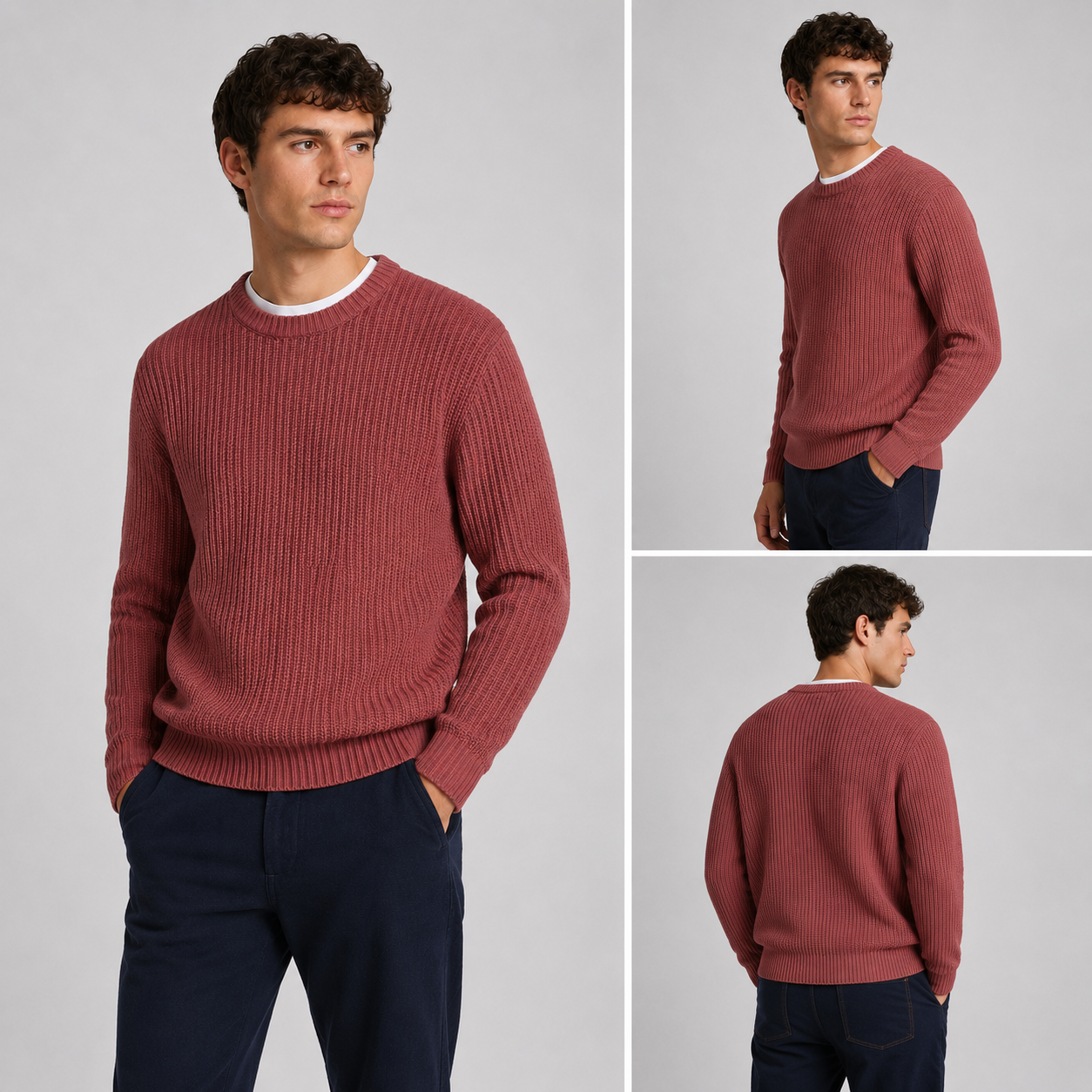 Men’s Heavyweight Chunky Knit Jumper – Brick Textured Crew Neck 