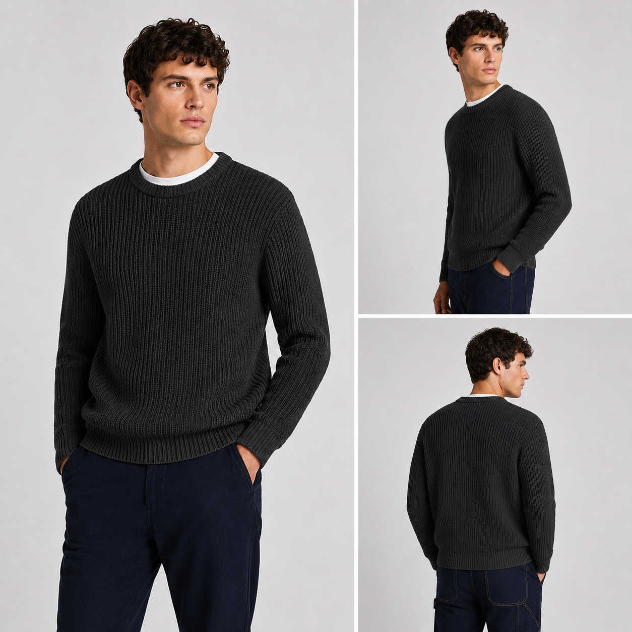 Men’s Heavyweight Chunky Knit Jumper – Ash Textured Crew Neck Sweater
