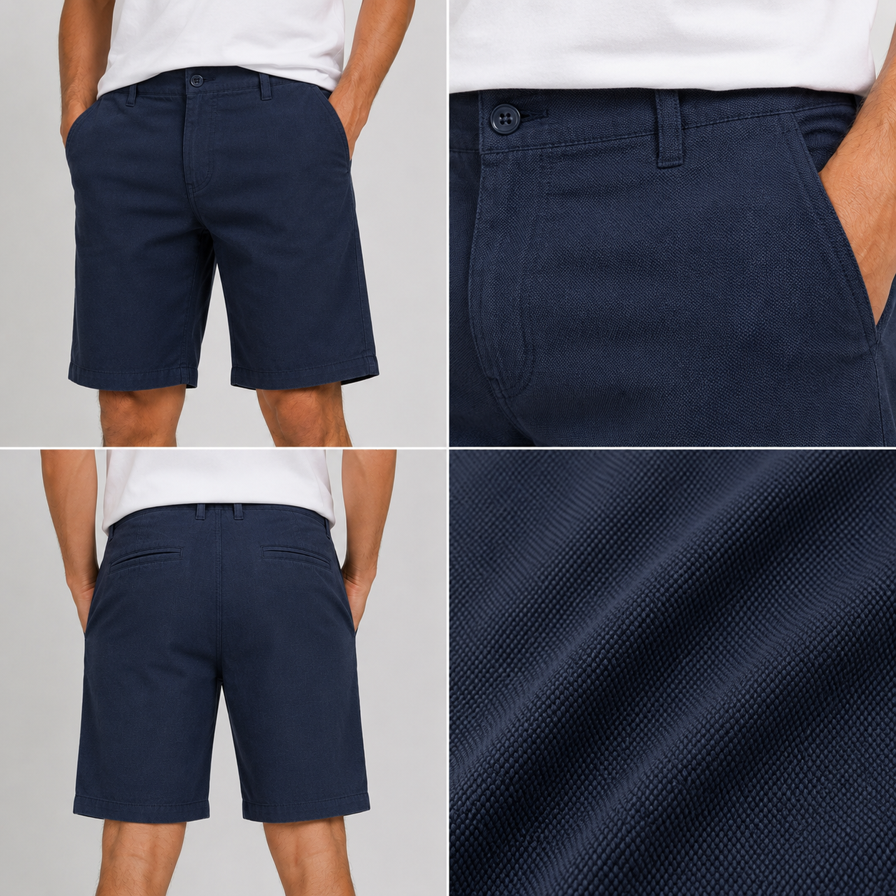 Men’s navy cotton stretch twill shorts with tailored fit, side pockets, rear welt pocket, and textured woven fabric for smart casual summer wear.