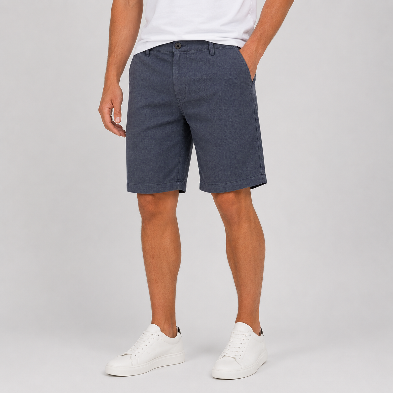 Men’s navy cotton stretch twill shorts with tailored fit, side pockets, rear welt pocket, and textured woven fabric for smart casual summer wear.