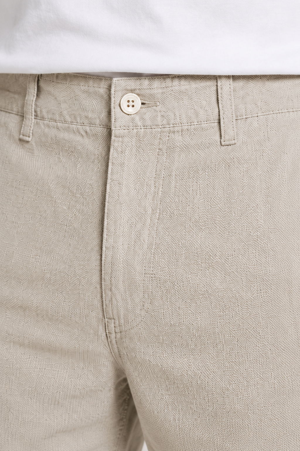 Men’s stone beige cotton stretch twill shorts with tailored fit, side pockets, rear welt pocket, and textured woven fabric for smart casual summer wear.