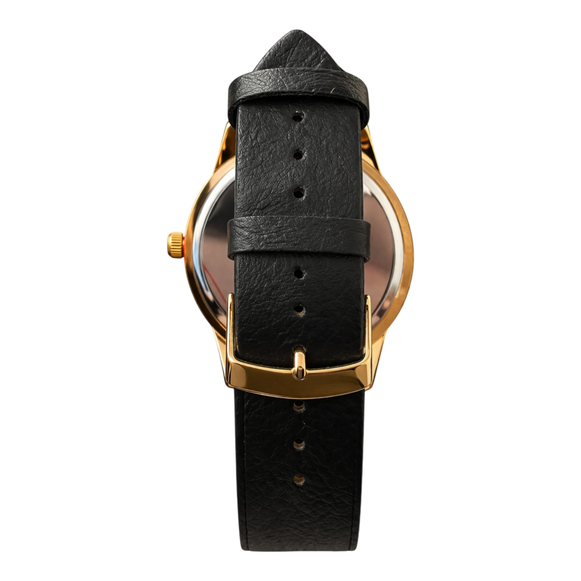 DFNC London skeleton watch with gold case, brown dial and black leather look strap