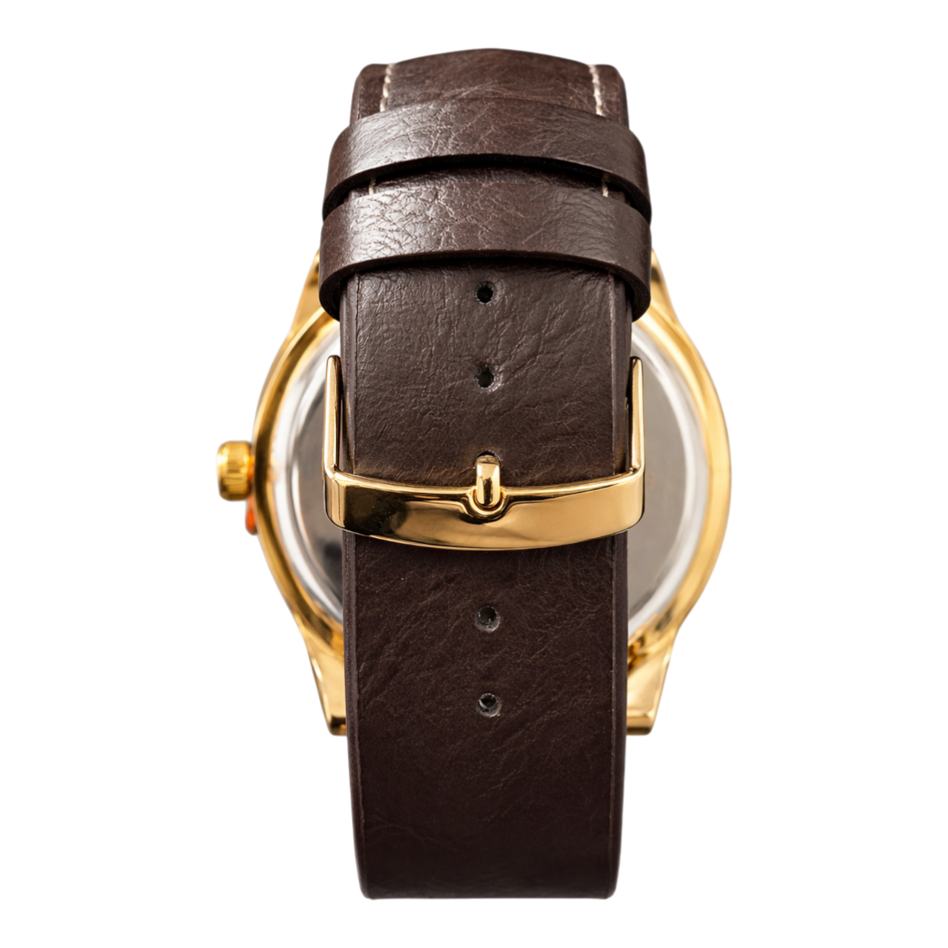 DFNG London men’s gold-tone watch with brown skeleton dial, visible movement, and brown strap