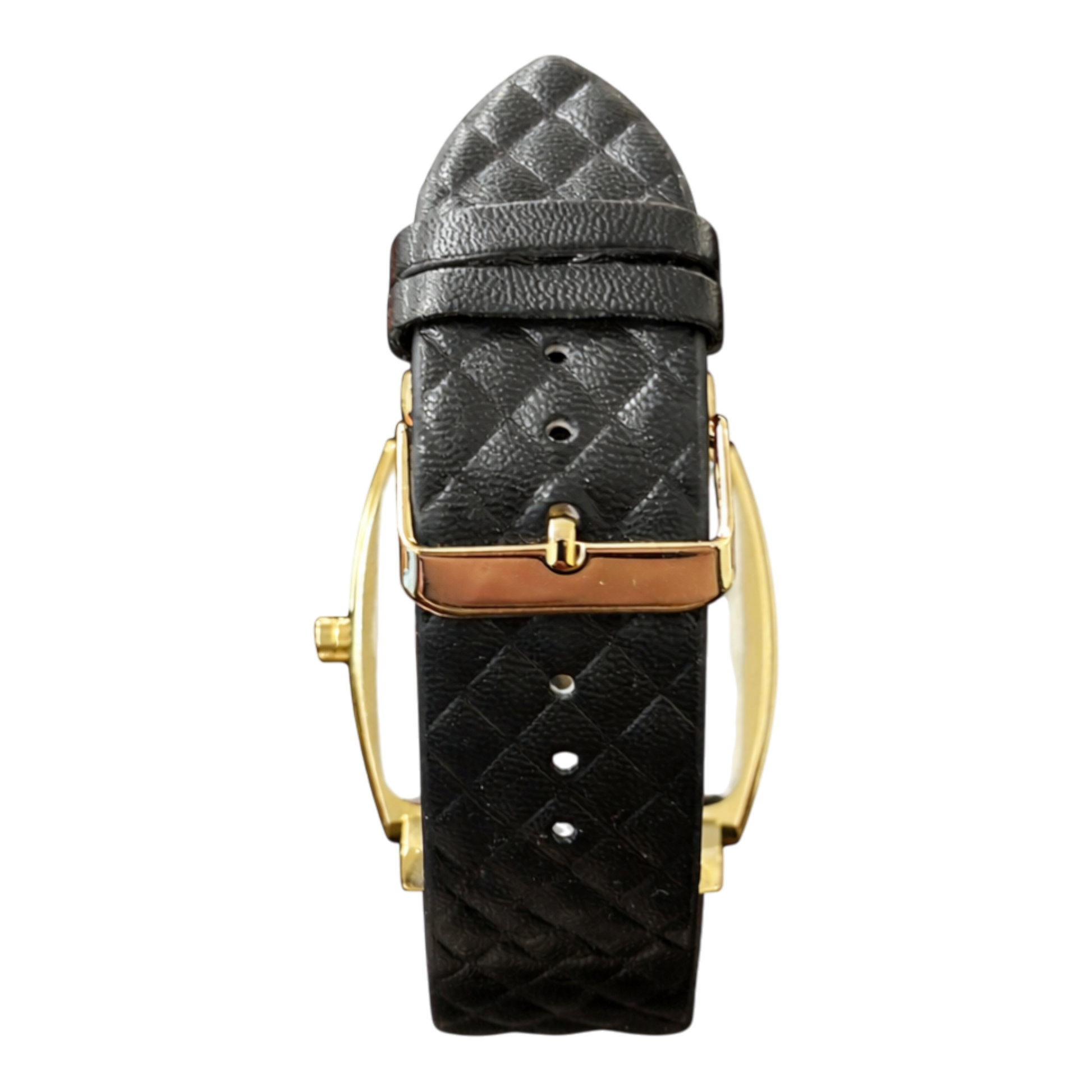 DFNG London men’s square gold-tone watch with brown dial, multi sub-dials, and black textured strap