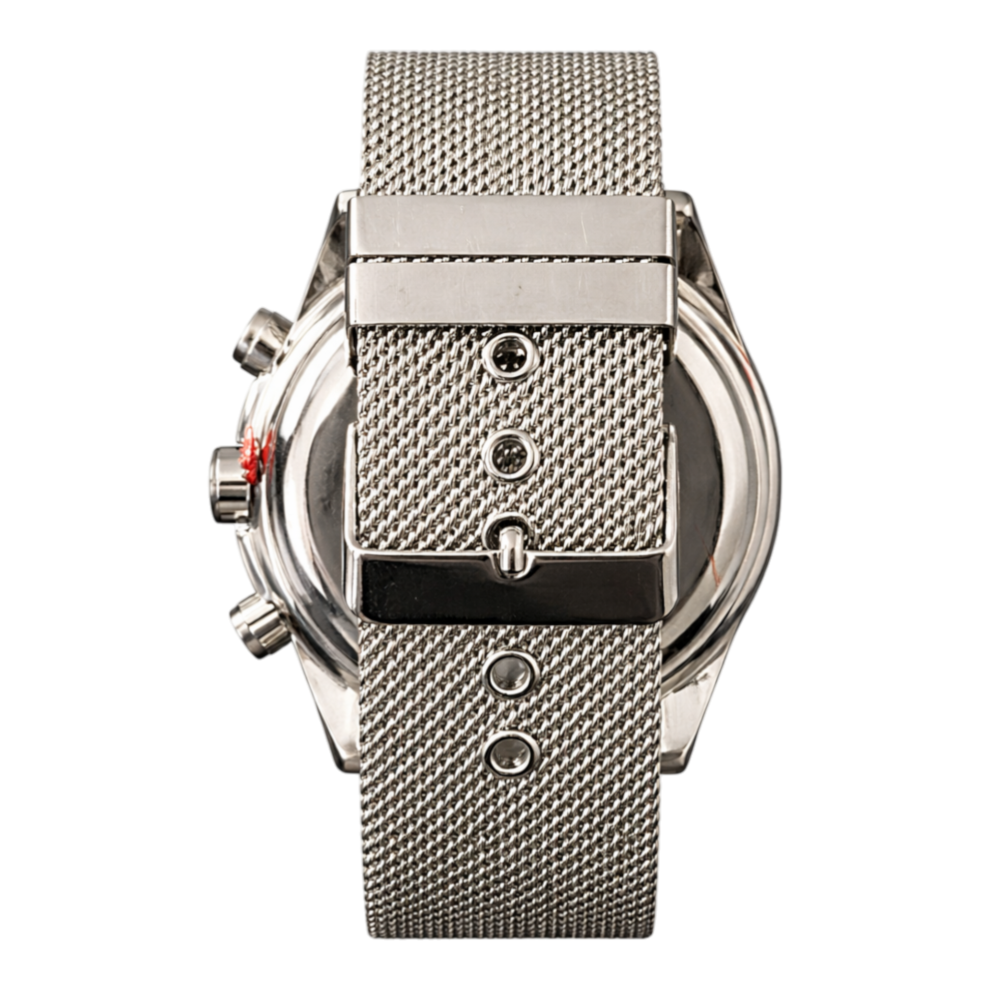 DFND London silver chronograph watch with black dial and mesh strap