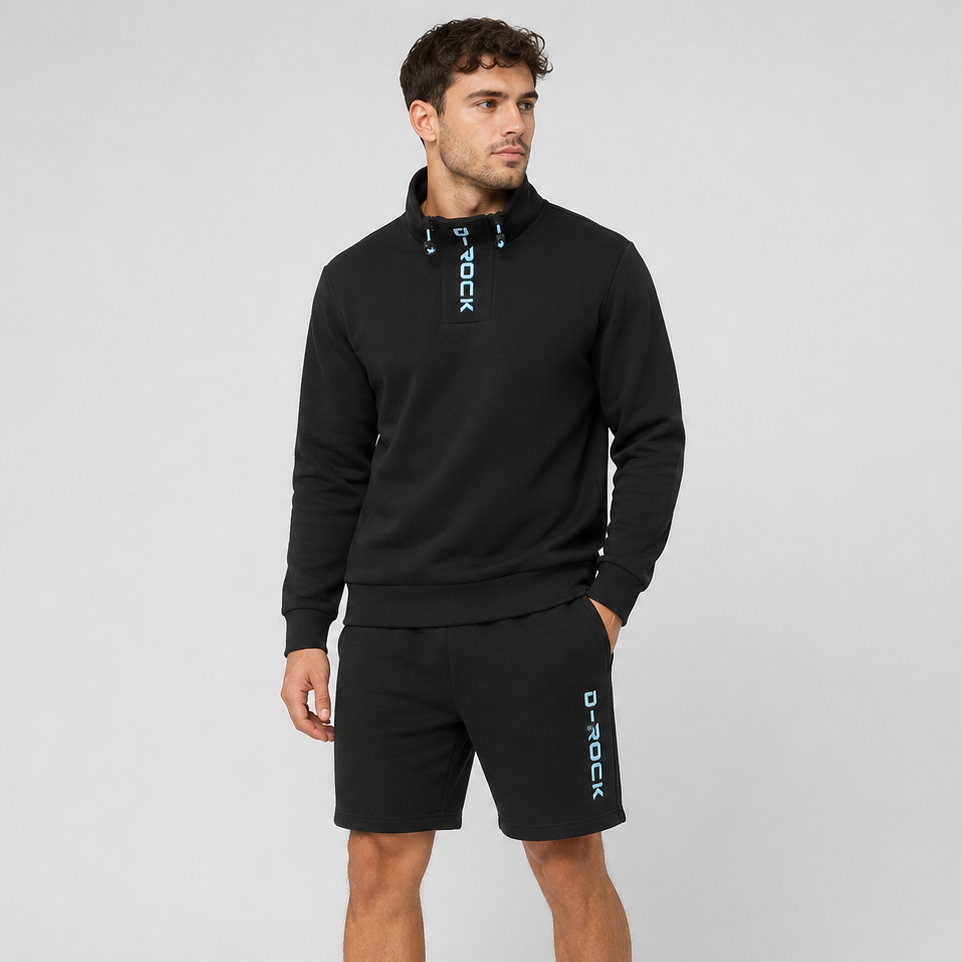 D-Rock Men's Black Textured Funnel Neck Sweatshirt and Shorts Co-Ord Set