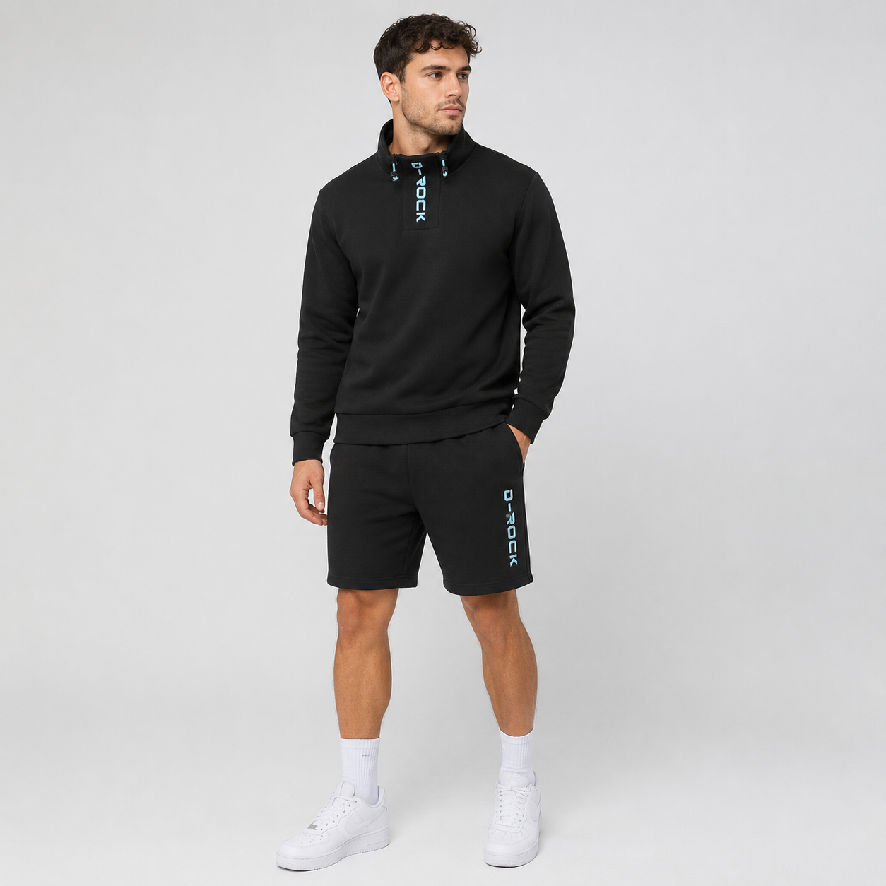 D-Rock Men's Black Textured Funnel Neck Sweatshirt and Shorts Co-Ord Set