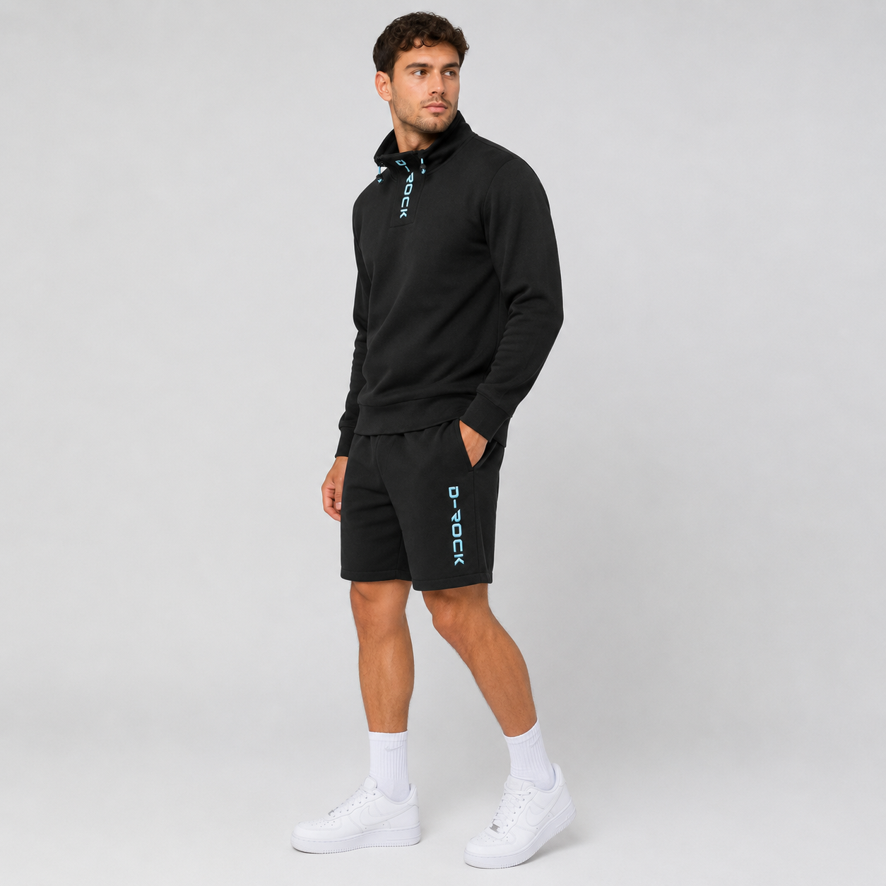 D-Rock Men's Black Textured Funnel Neck Sweatshirt and Shorts Co-Ord Set