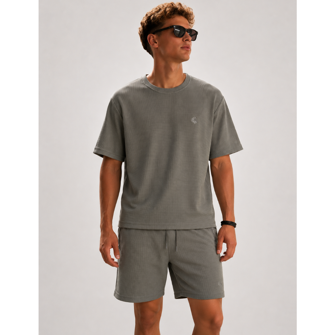 Grey waffle texture lounge co-ord set for men with relaxed fit t-shirt and drawstring shorts