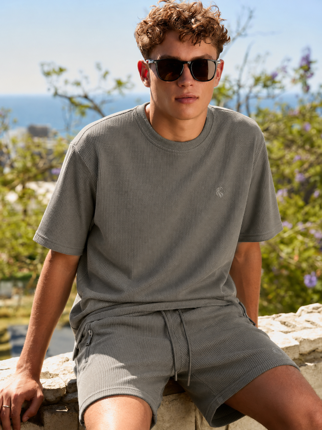 Grey waffle texture lounge co-ord set for men with relaxed fit t-shirt and drawstring shorts