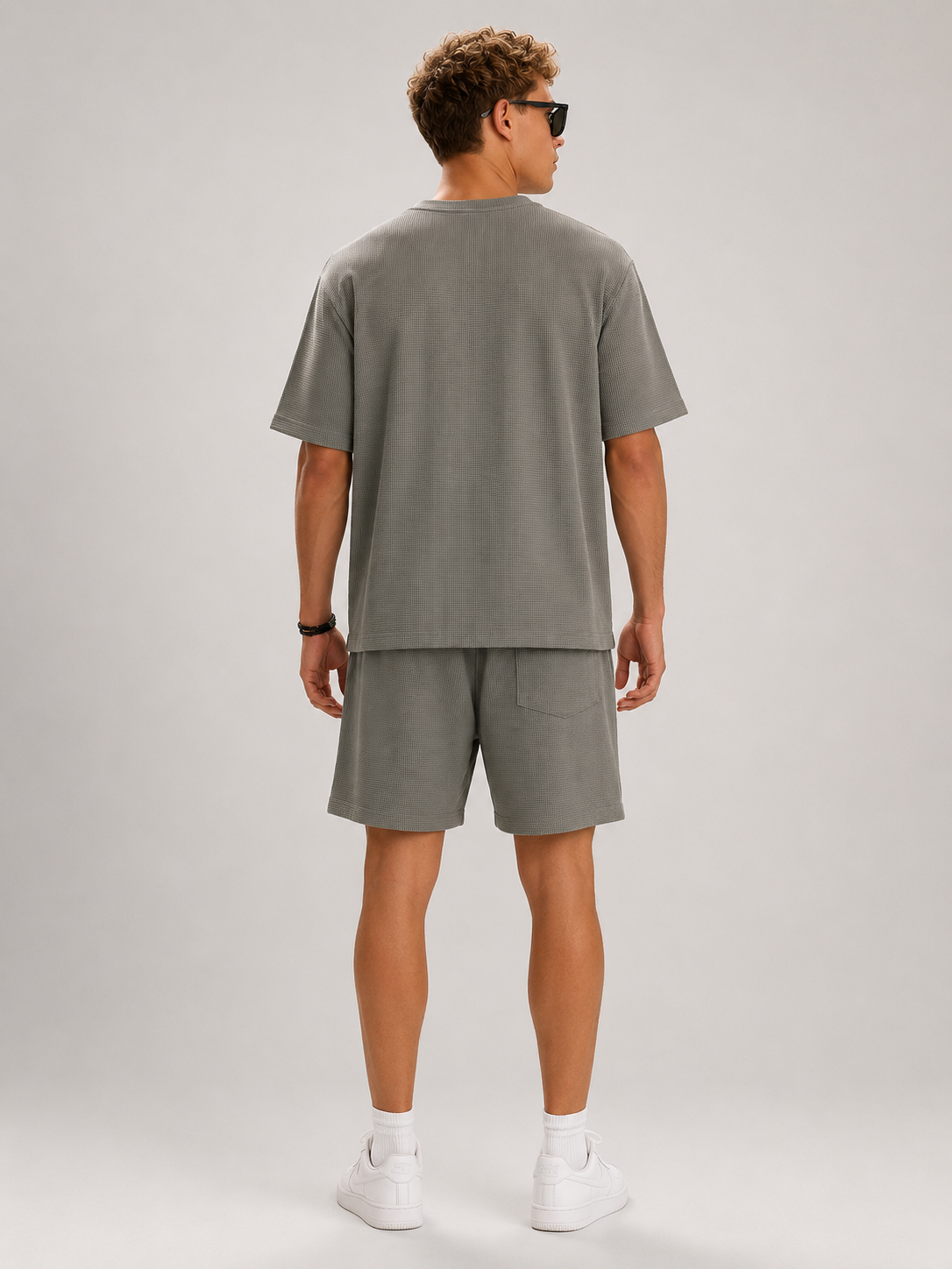 Grey waffle texture lounge co-ord set for men with relaxed fit t-shirt and drawstring shorts