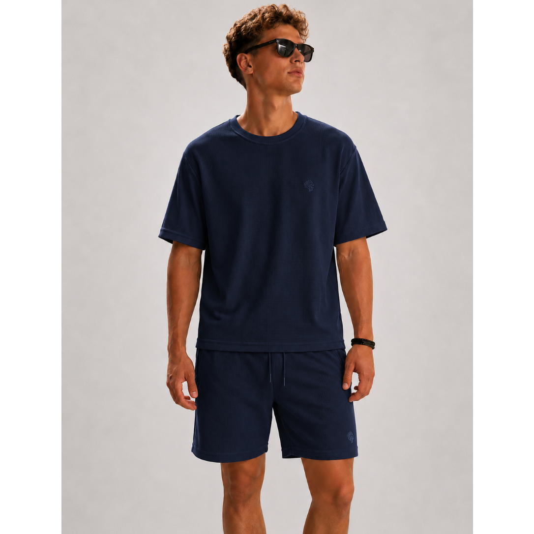 Navy waffle texture lounge co-ord set for men with relaxed fit t-shirt and drawstring shorts