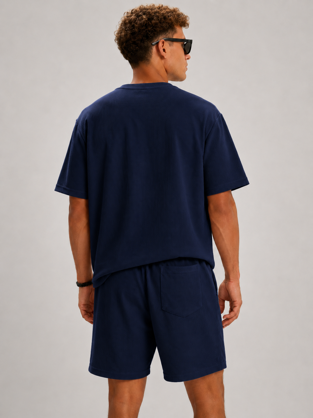Navy waffle texture lounge co-ord set for men with relaxed fit t-shirt and drawstring shorts