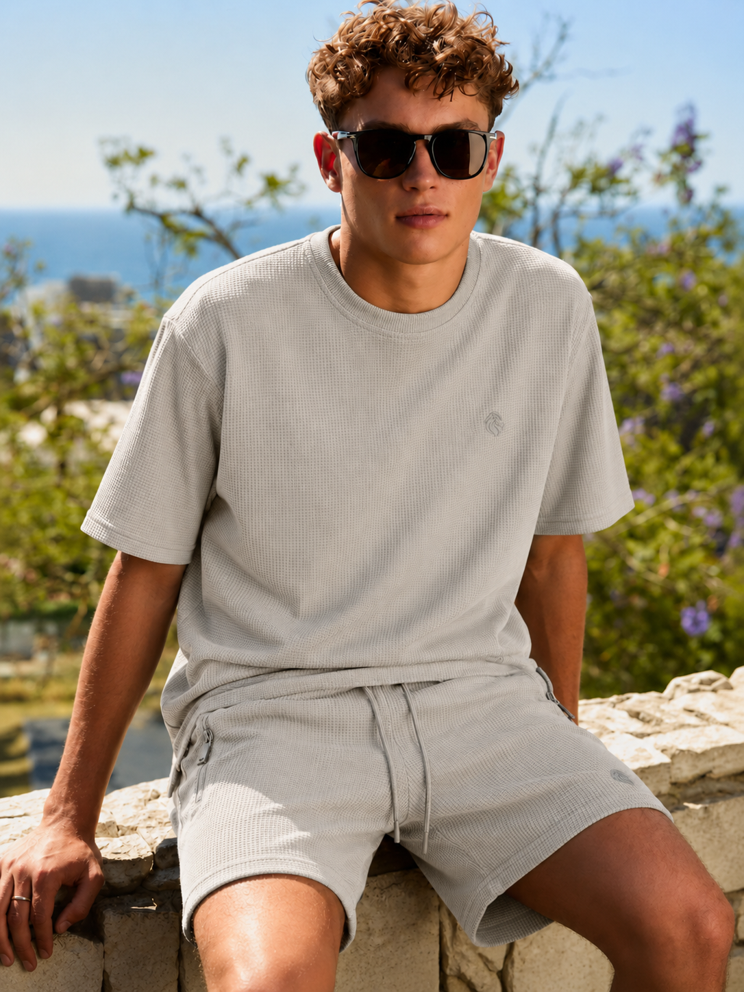 Stone waffle texture lounge co-ord set for men with relaxed fit t-shirt and drawstring shorts