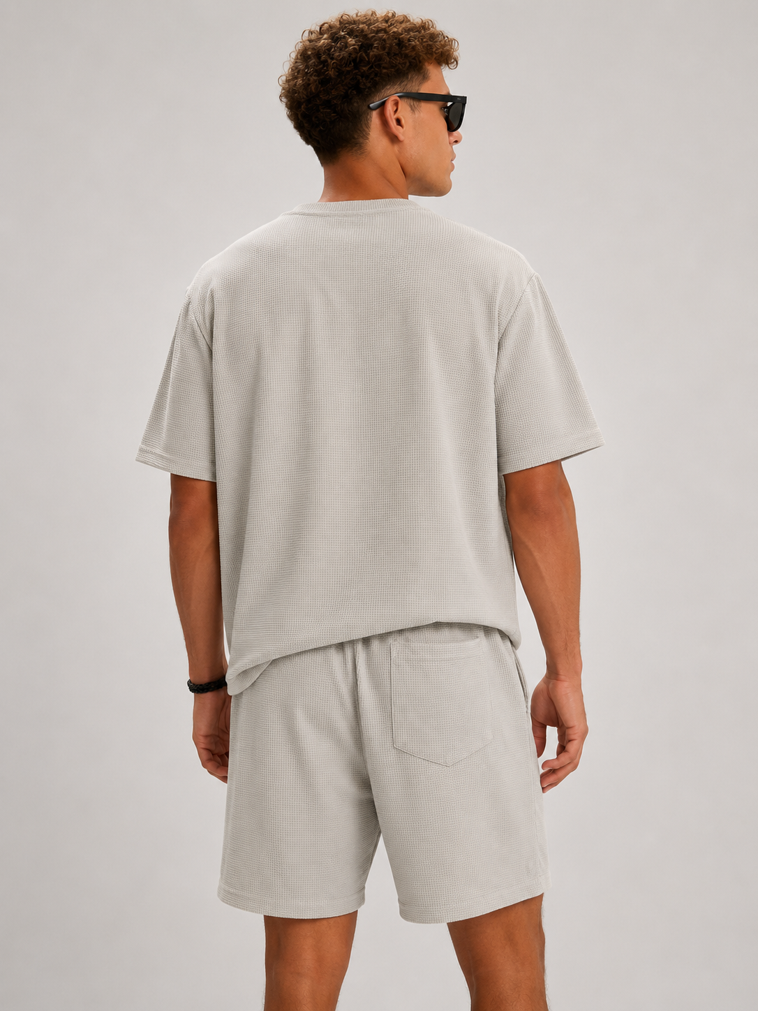 Stone waffle texture lounge co-ord set for men with relaxed fit t-shirt and drawstring shorts